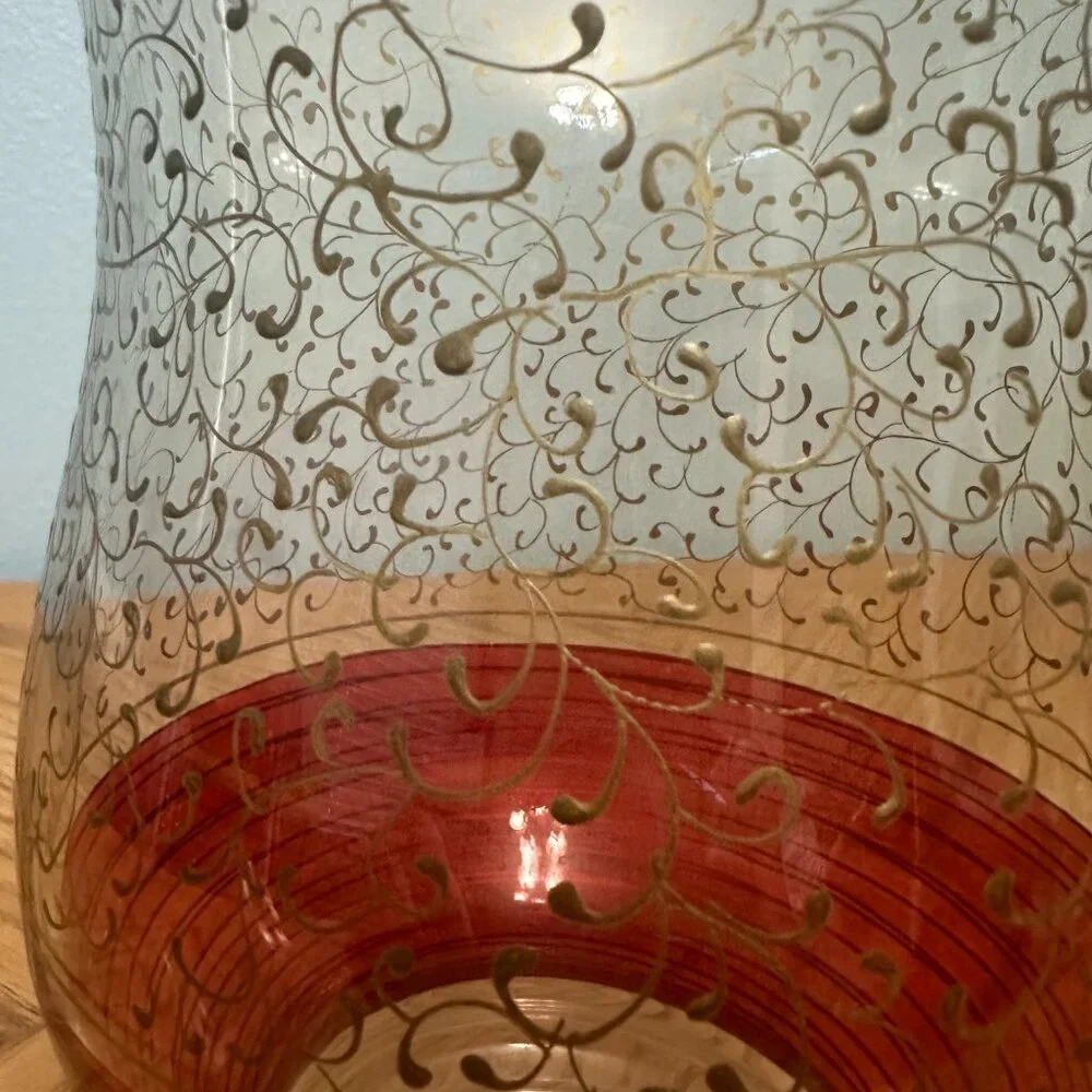 Glass Pier 1 Hand Painted Pillar Candle Holder Vase Red Gold 10.5” Tall